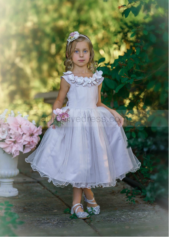 Cap Sleeve Oyster Tulle Flower Girl Dress With 3D Flowers
